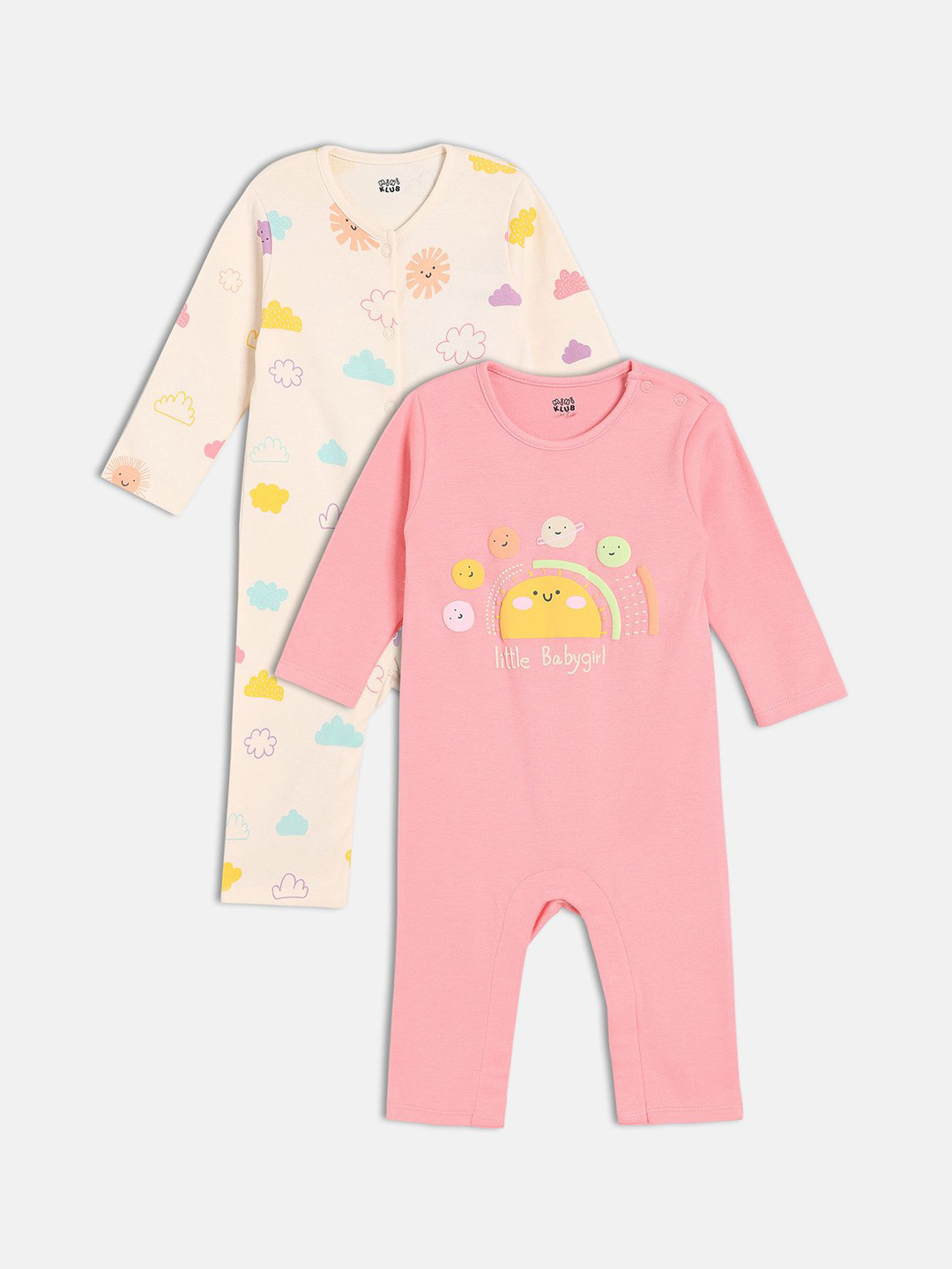 MINI KLUB Infant Girls Pack Of 2 Clouds Printed Cotton Full Sleeves Rompers