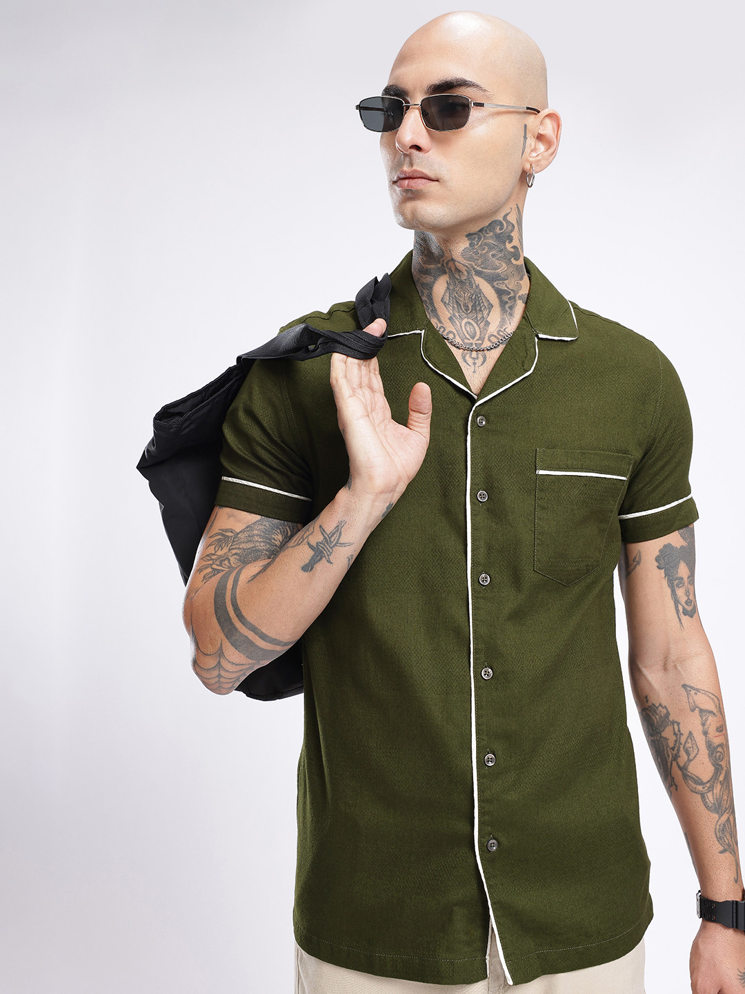 glitchez Textured Contrast Piping Detail Casual Shirt