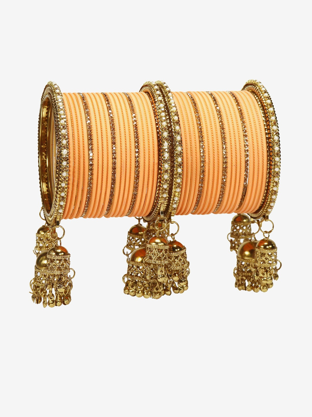 GLIKA Set Of 42 Peach Alloy Artificial Stones and Beads Bangle with Jhumka