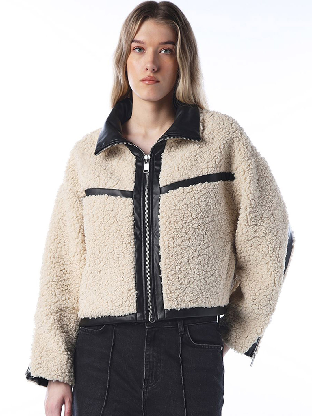 ONLY Self Design Spread Collar Sherpa Jacket With Faux Leather Trim