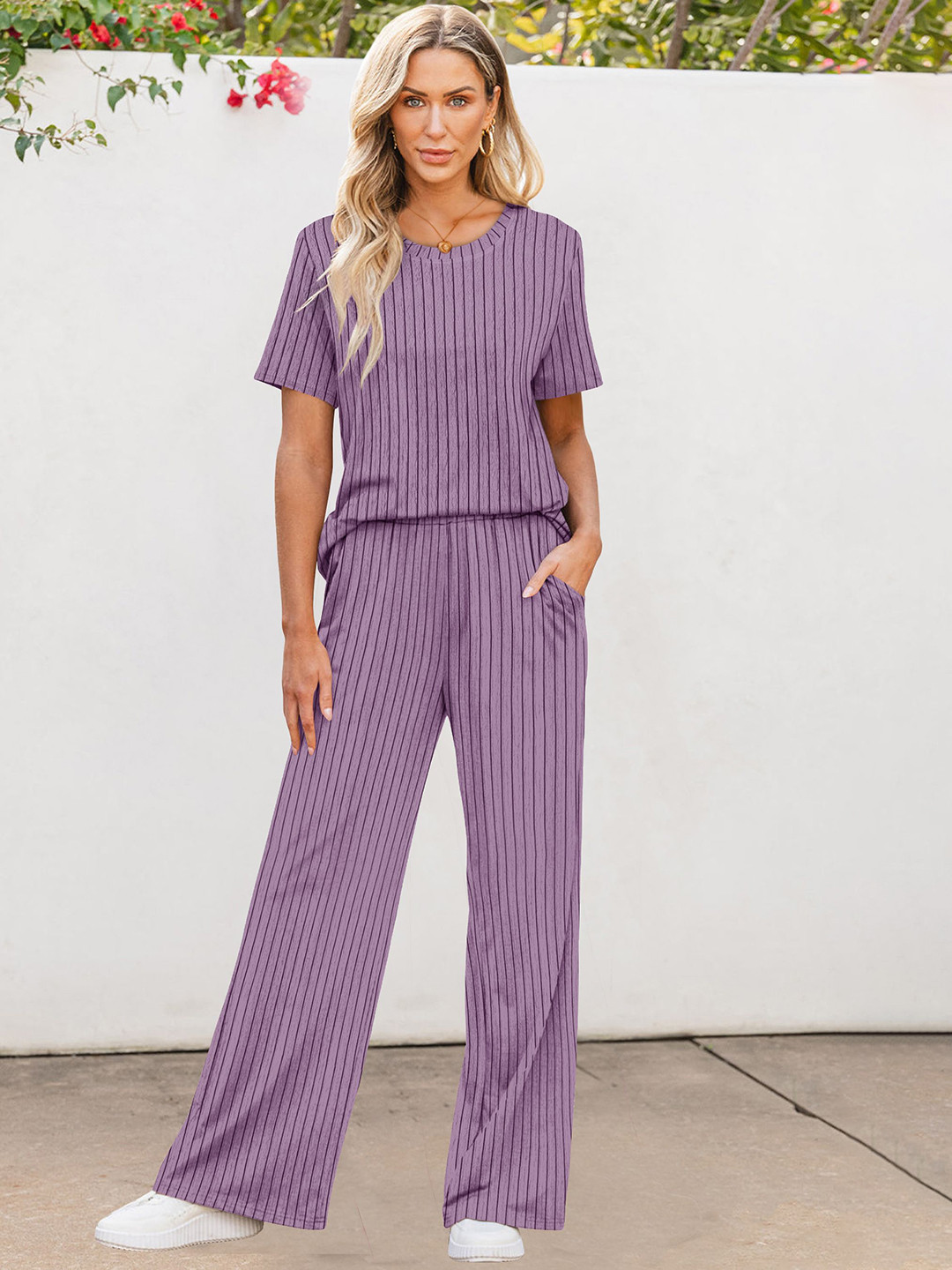 BAESD Striped Ribbed T-Shirt & Wide Leg Trouser