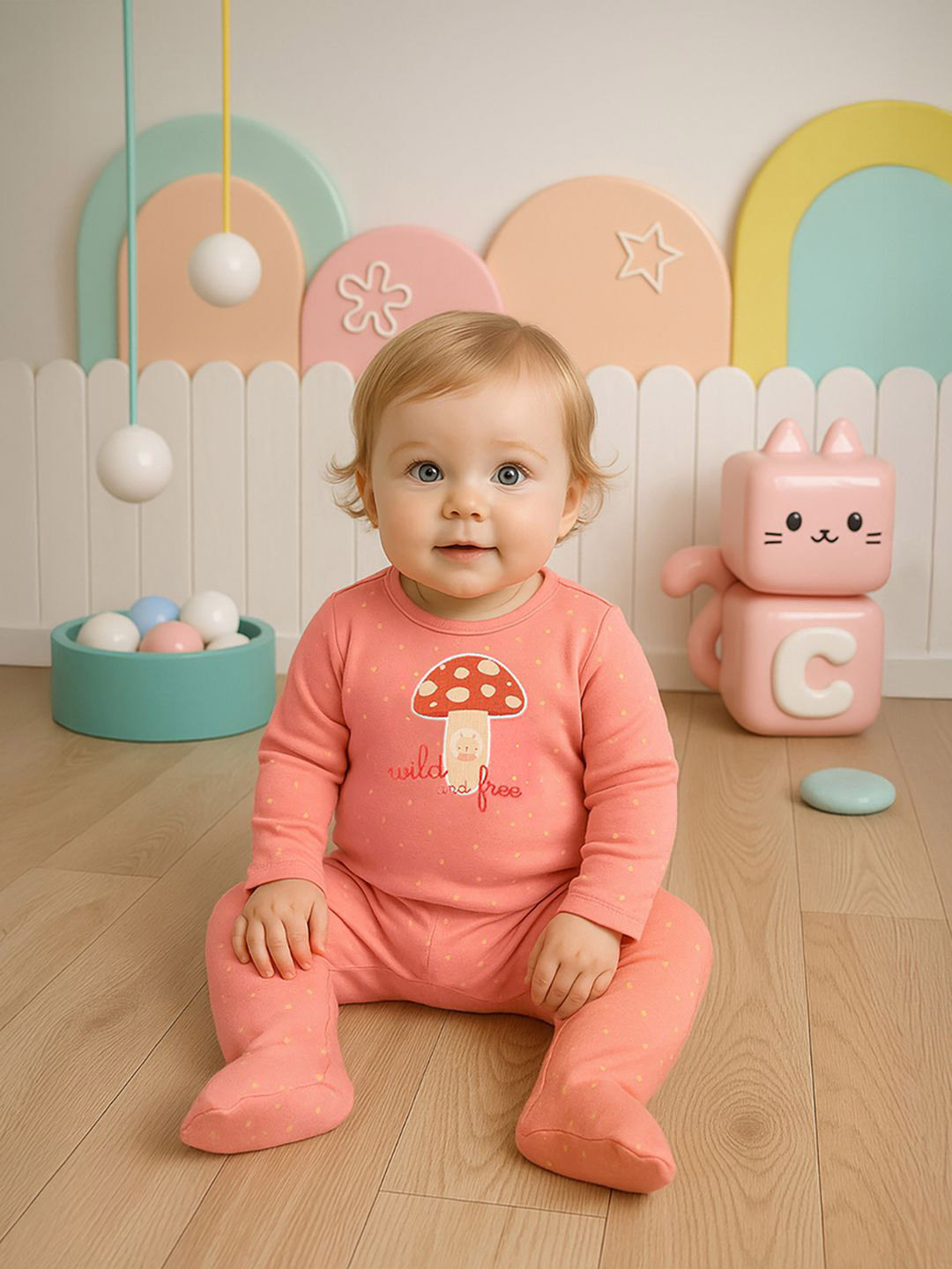 MINI KLUB Girls Text Embroidered Full Sleeve Sleepsuit