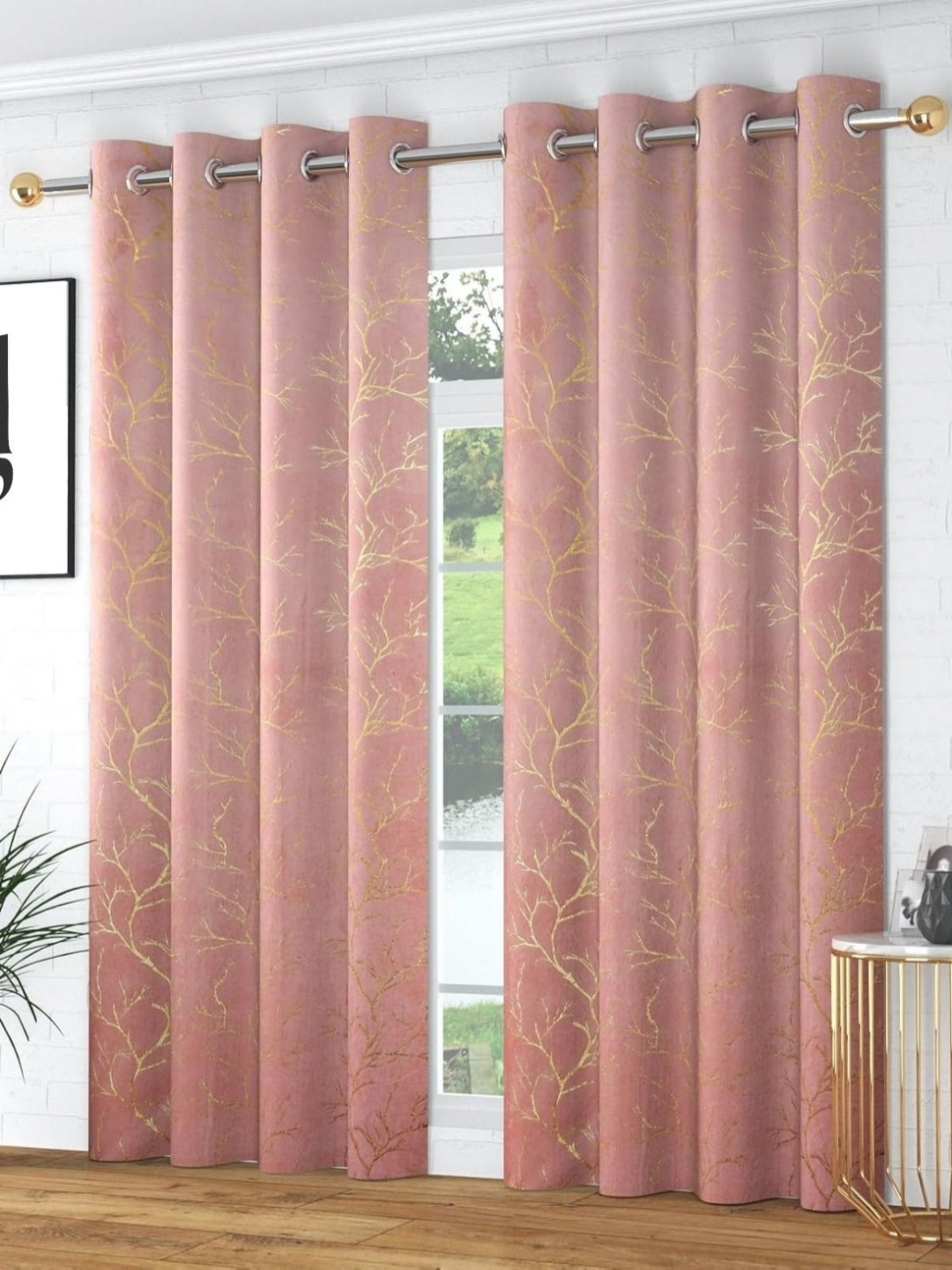Kiara Creations Rose Gold & Gold-Toned 2 Pieces Floral Room Darkening Window Curtains