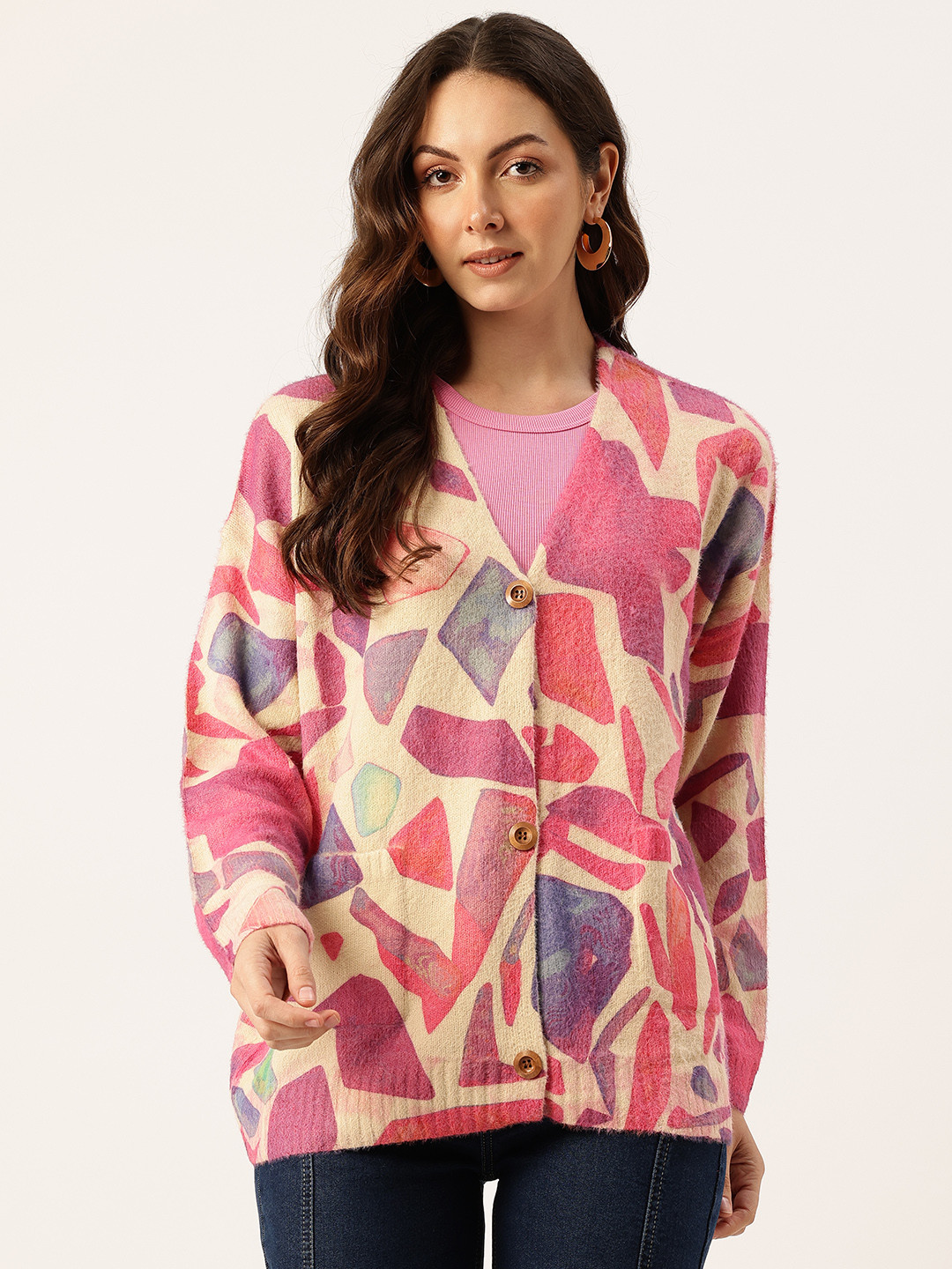 APSLEY Floral Self-Design V-Neck Drop-Sleeves Oversized Button-Down Cardigan