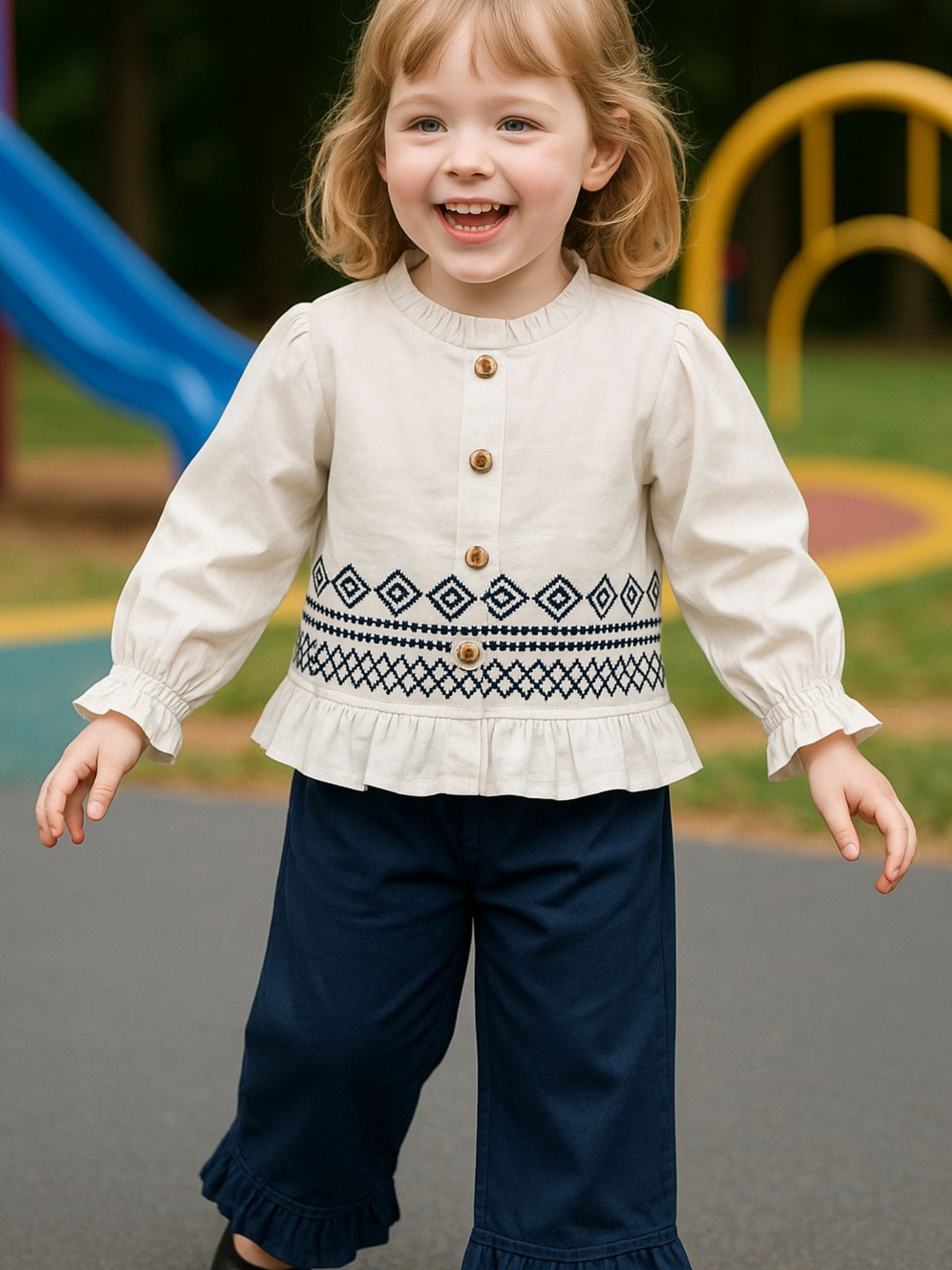 KICO Girls Pure Cotton Embroidered Top & Wide-Leg Trousers Set