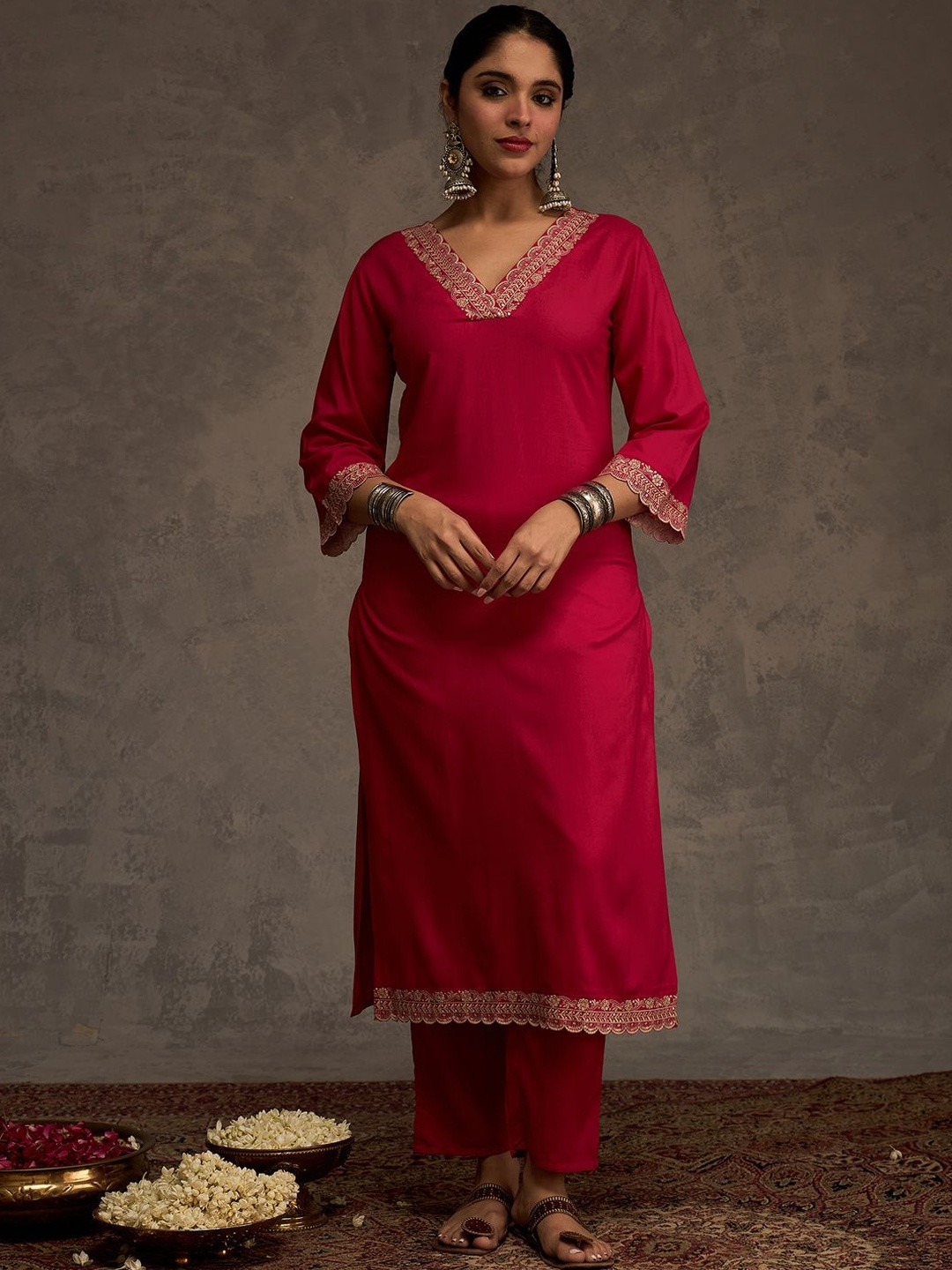 Indo Era Embroidered Viscose Rayon Straight Thread Work Kurta With Trousers