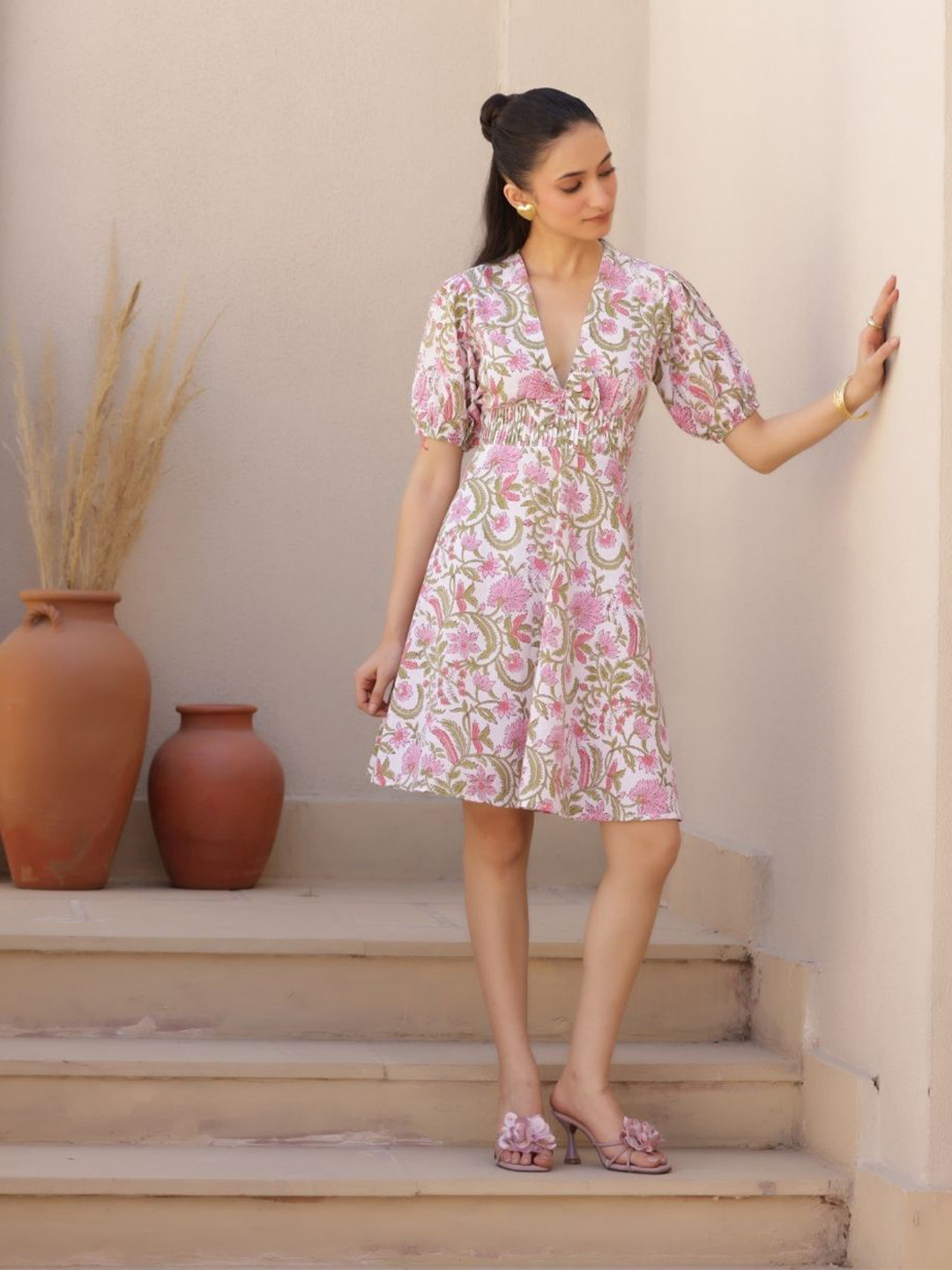 Tasya India Women Floral Print Deep V Neck Puff Sleeve Fit & Flare Dress