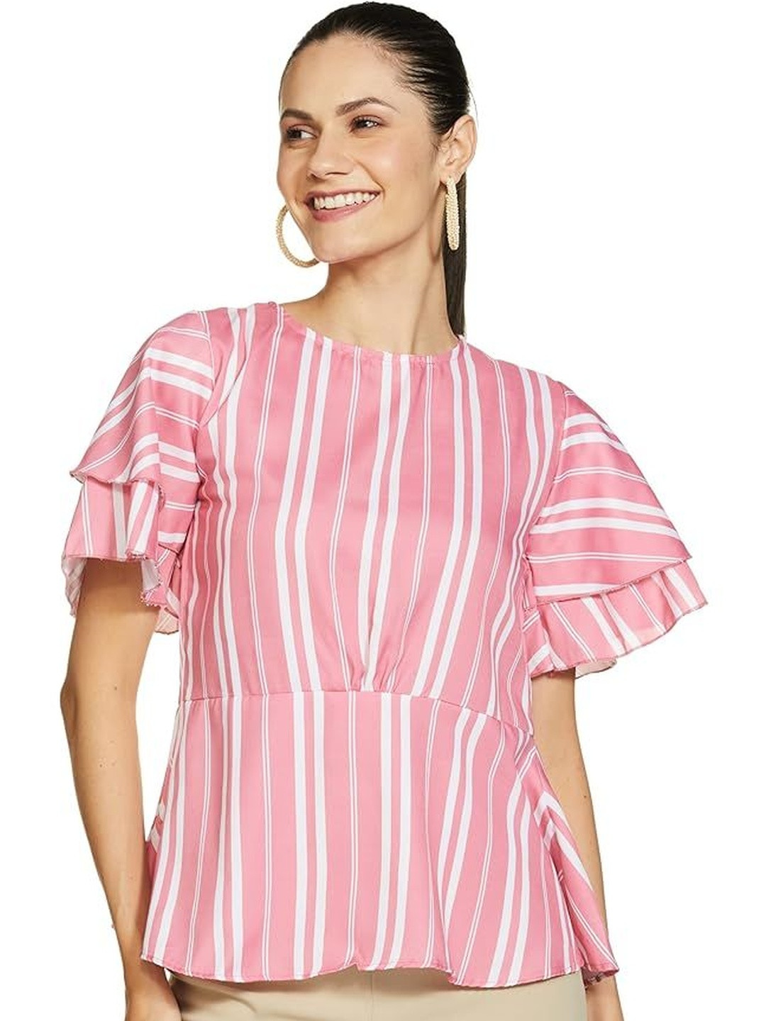 Nigel Designer Women Striped Flutter Sleeve Peplum Top
