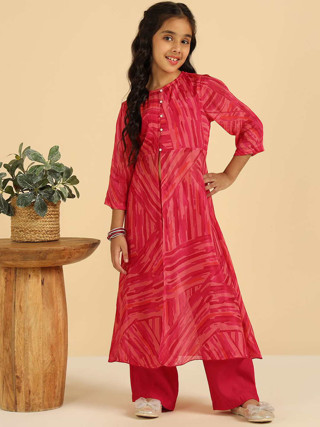 Bugandbees Girls Abstract Printed Three-Quarter Sleeves Tunic With Palazzo