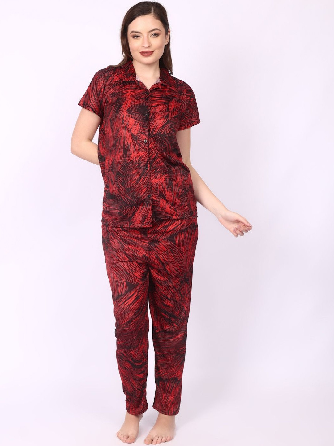 Be You Women Red Satin Shirt Collar Short Sleeves Causal Night Suit