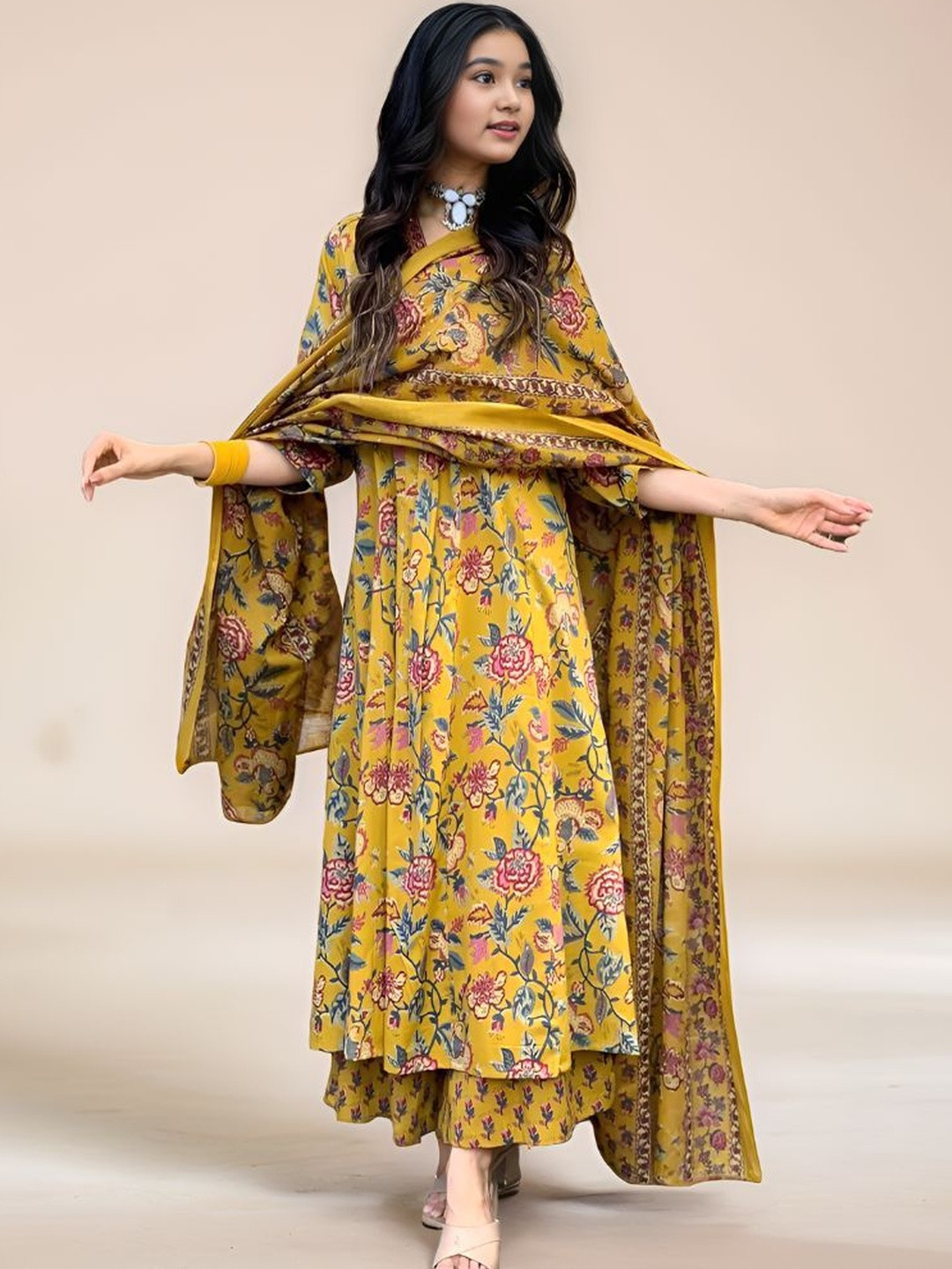 Aarya Designer Girls Floral Printed Anarkali Kurti with Palazzo & Dupatta