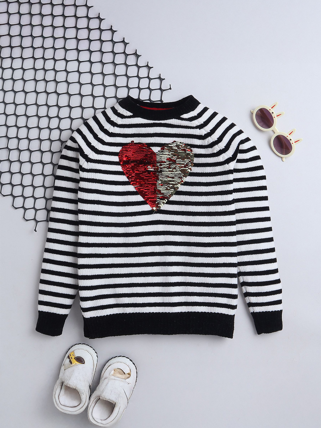 Yellow Apple Girls Striped Pullover with Embllished Detail