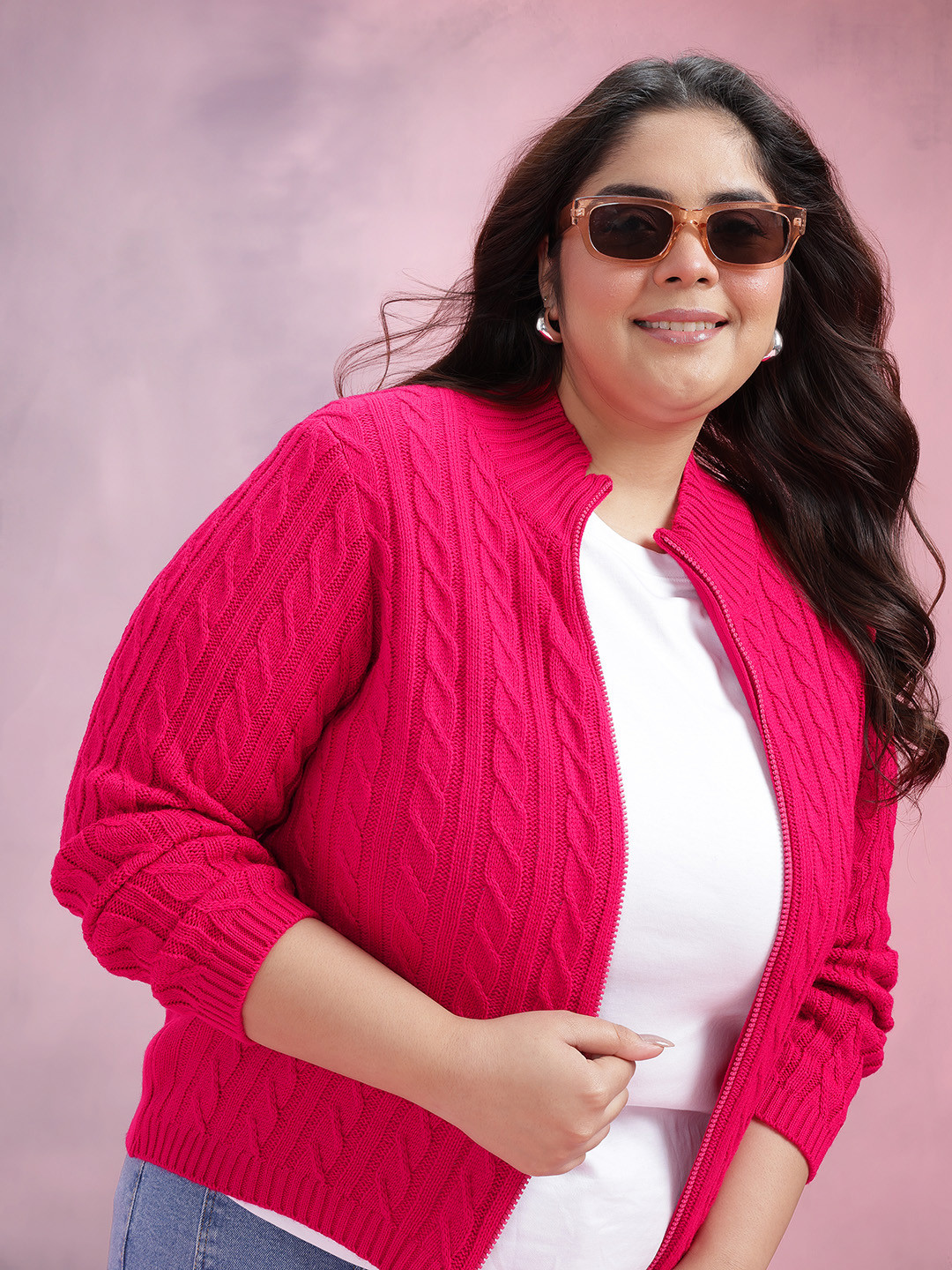 DressBerry Curve  Mock Collar Cable Knit Cardigan