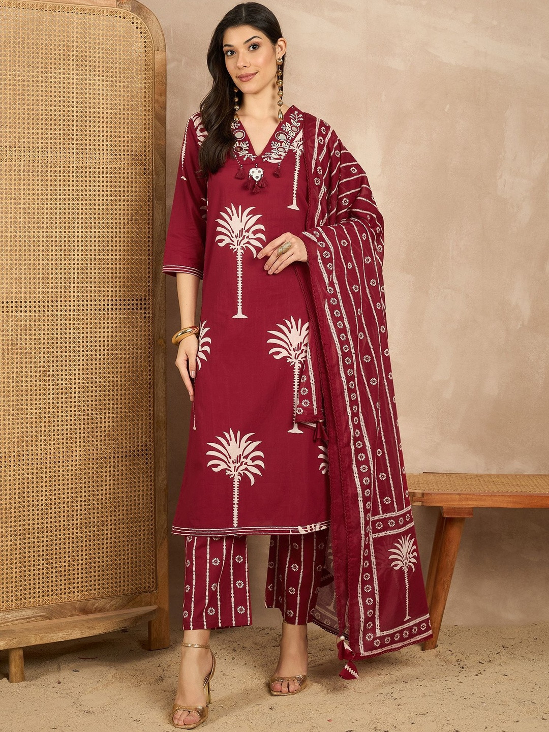 CHETI Women Ethnic Motifs Printed Cotton Kurta with Trousers & Dupatta