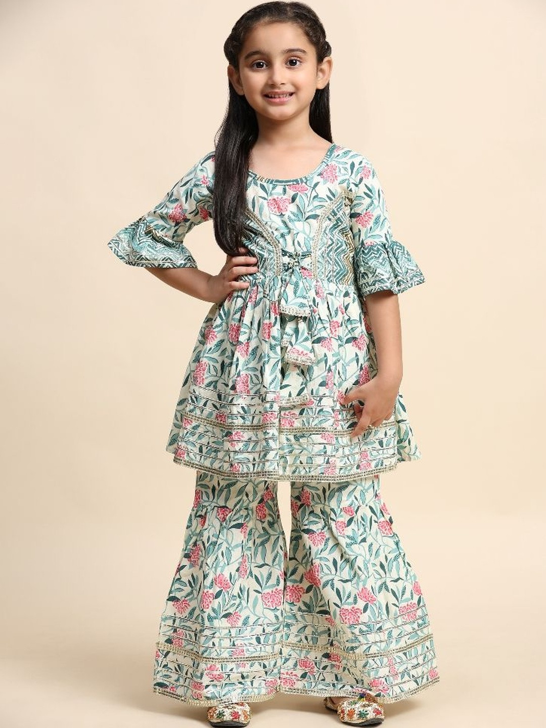 PAVITRA Girls Floral Printed Gotta Patti Anarkali Kurta With Sharara