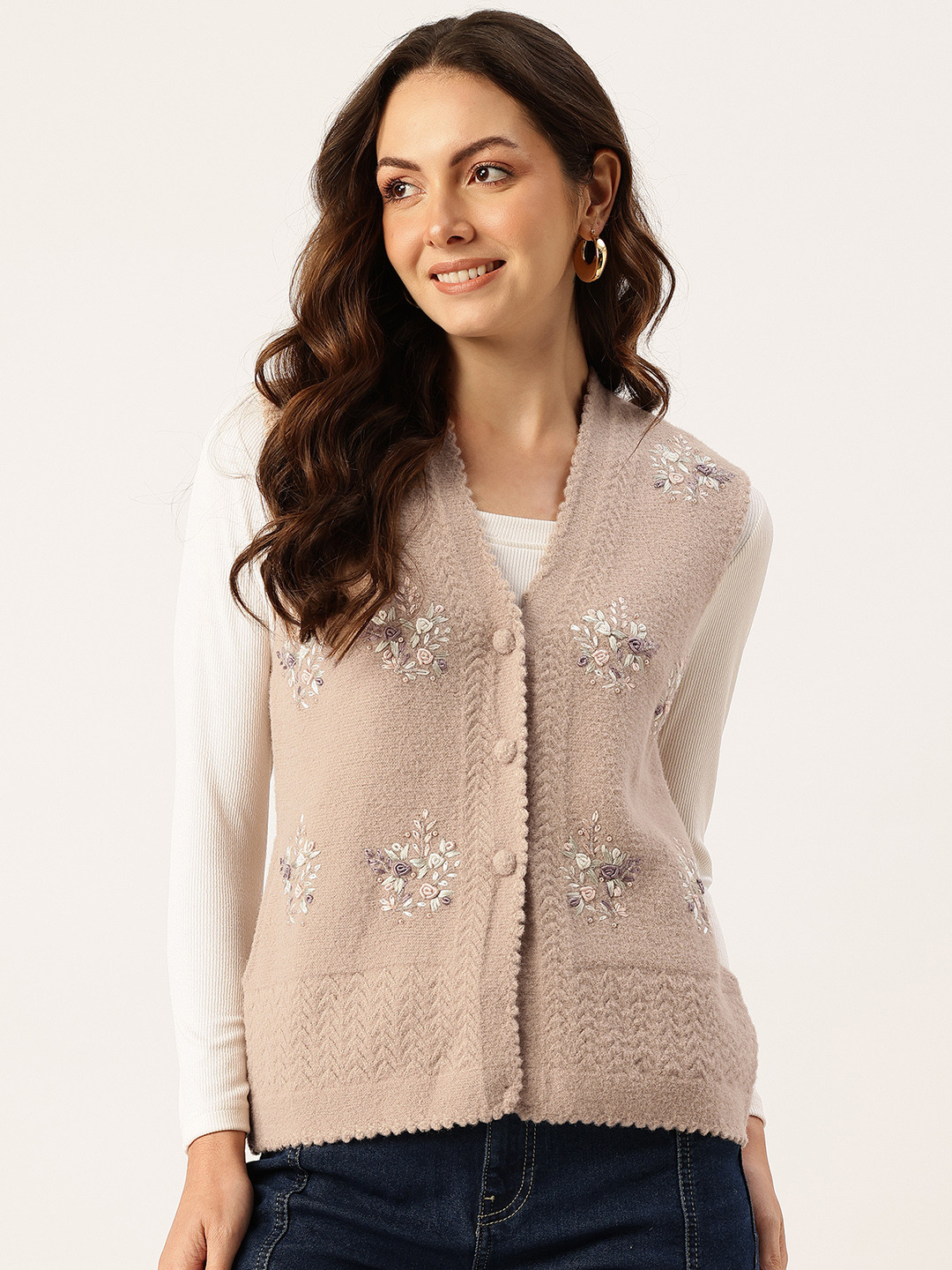 APSLEY Floral Embroidered Button-Down Cardigan with Embellished Detail