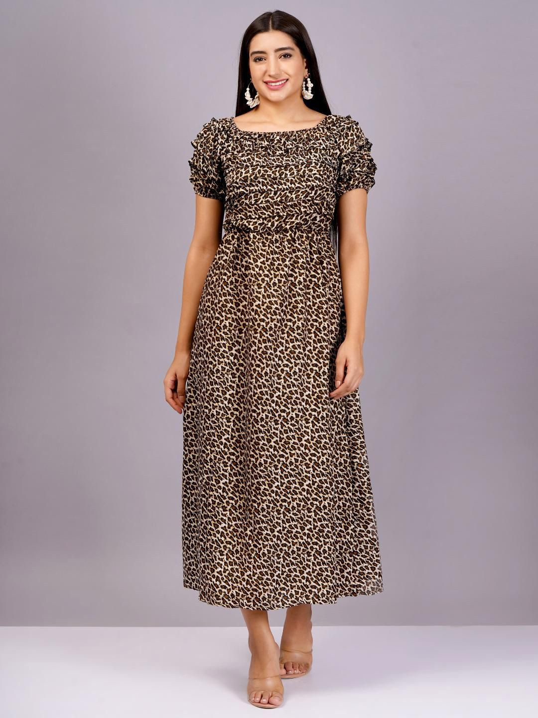 HIGHLIGHT FASHION EXPORT Women Leopard Print Crepe Fit & Flare Maxi Dress