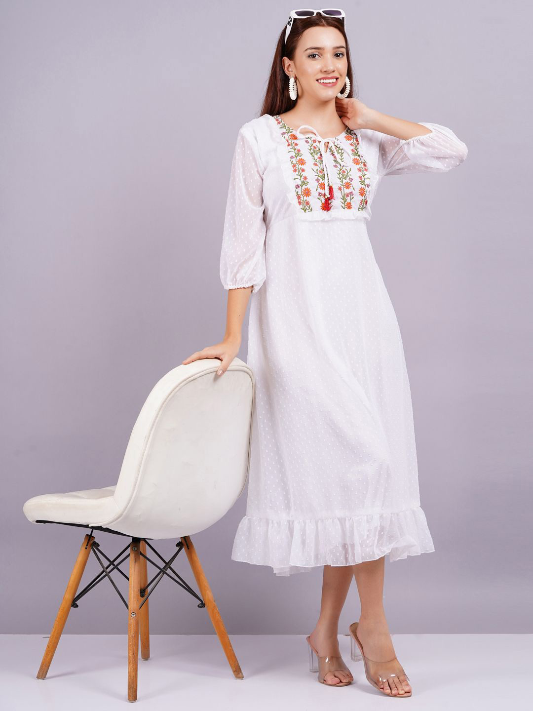 HIGHLIGHT FASHION EXPORT Solid Self Design Embroidered Tie-Up Neck Dobby Midi Dress