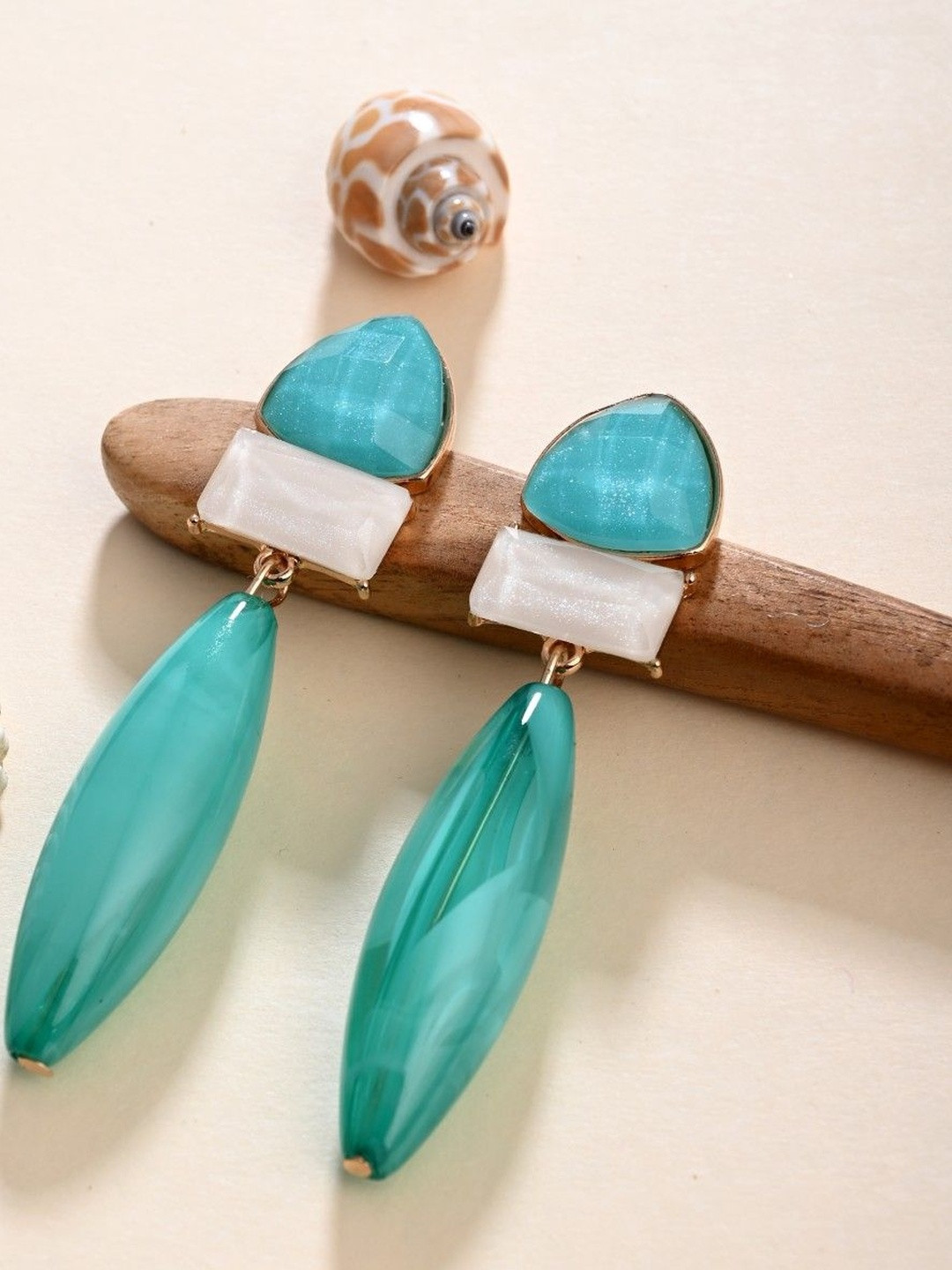 Reenisaa Gold-Plated Gem Stones Studded Triangular Shaped Drop Earrings