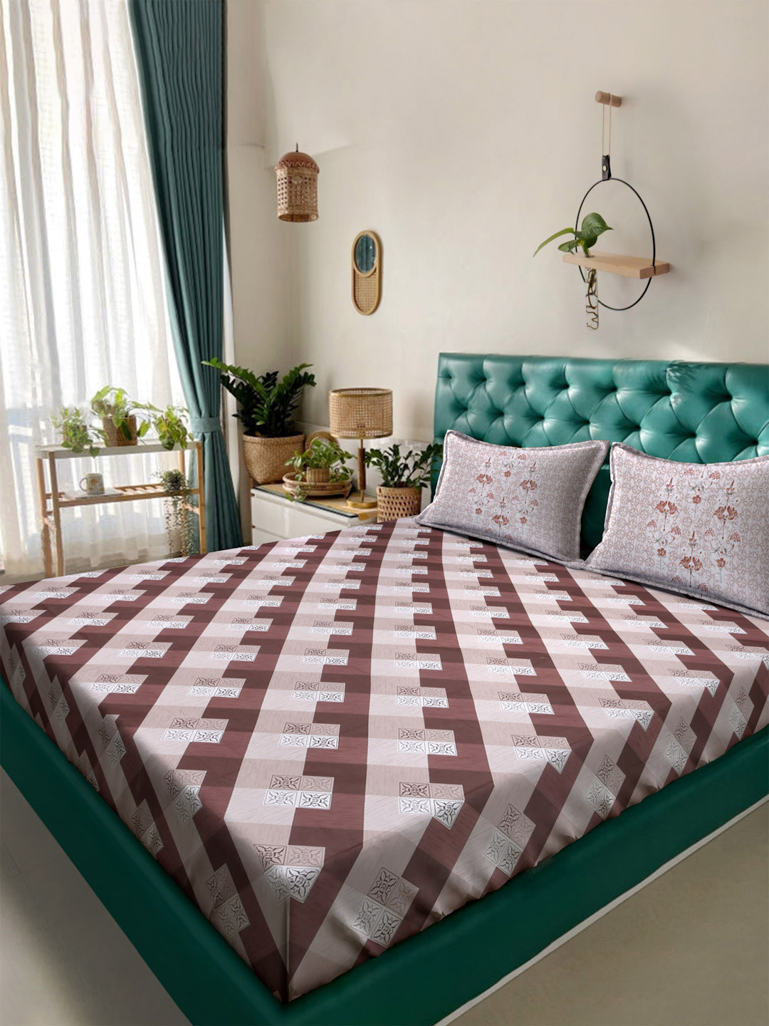 Myntra Elegant Homes Rust Geometric Fitted 400 TC Cotton King Bedsheet Set 2.70 m x 2.70 m