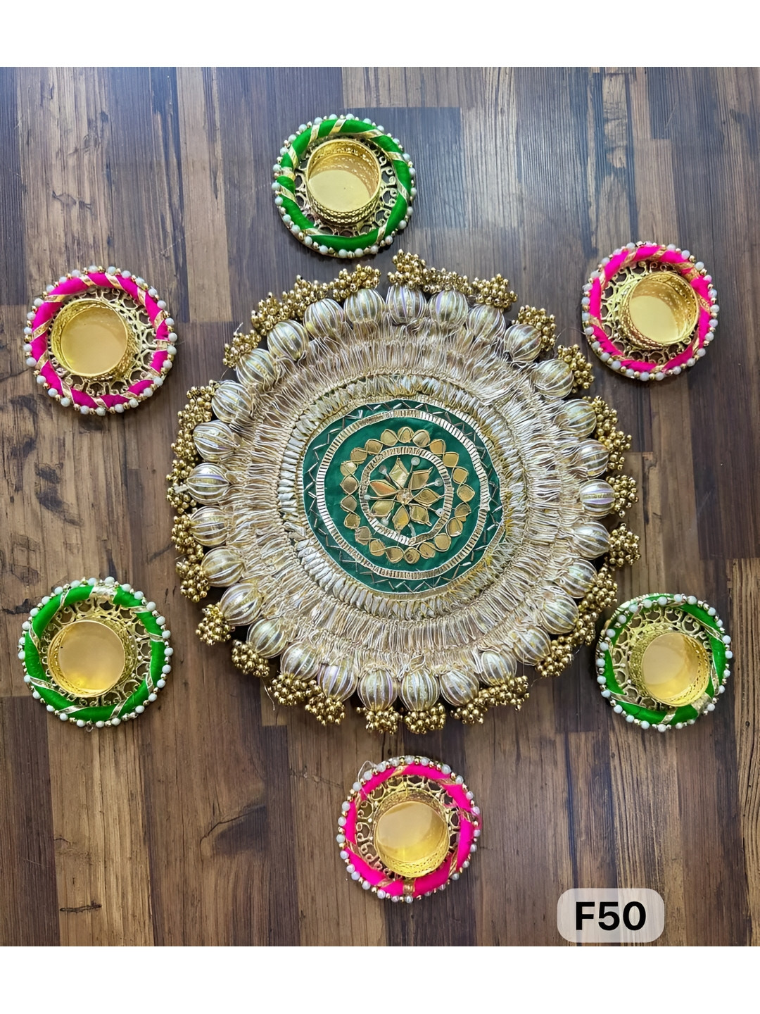 Sellplus 7Pcs Pink & Green Moti Chudi With Gota Ball Lace Candle Holder