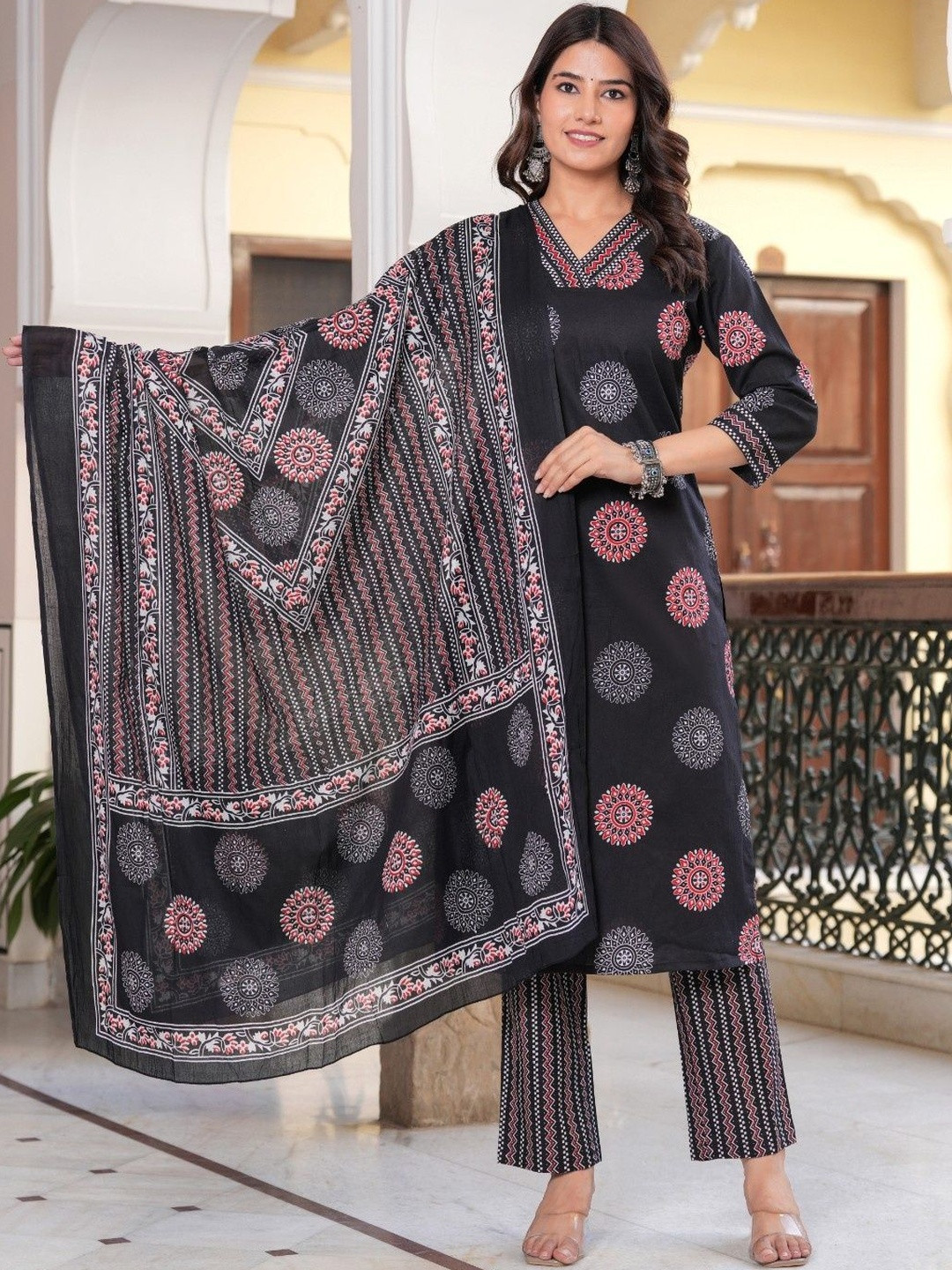 JAIPURI COLLECTION Women Aari Work Cotton Kurta with Trousers & With Dupatta Kurta Sets