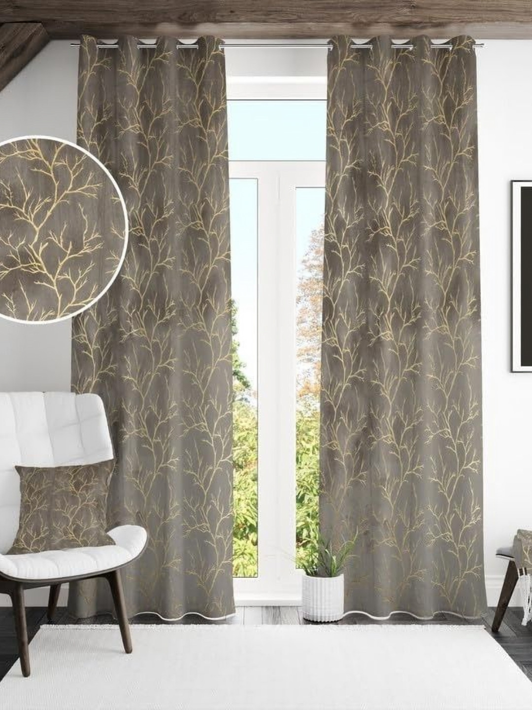 Kiara Creations Grey & Gold2 Pieces Floral Room Darkening Velvet Long Door Curtains