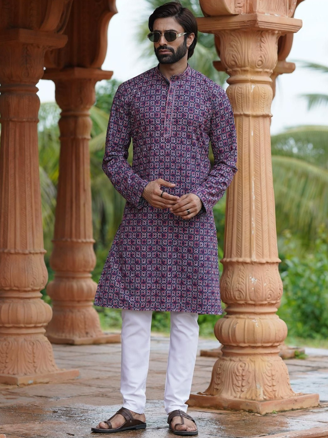 INDIROOP Geometric Embroidered Chikankari Cotton Silk Straight Kurta With Pyjamas