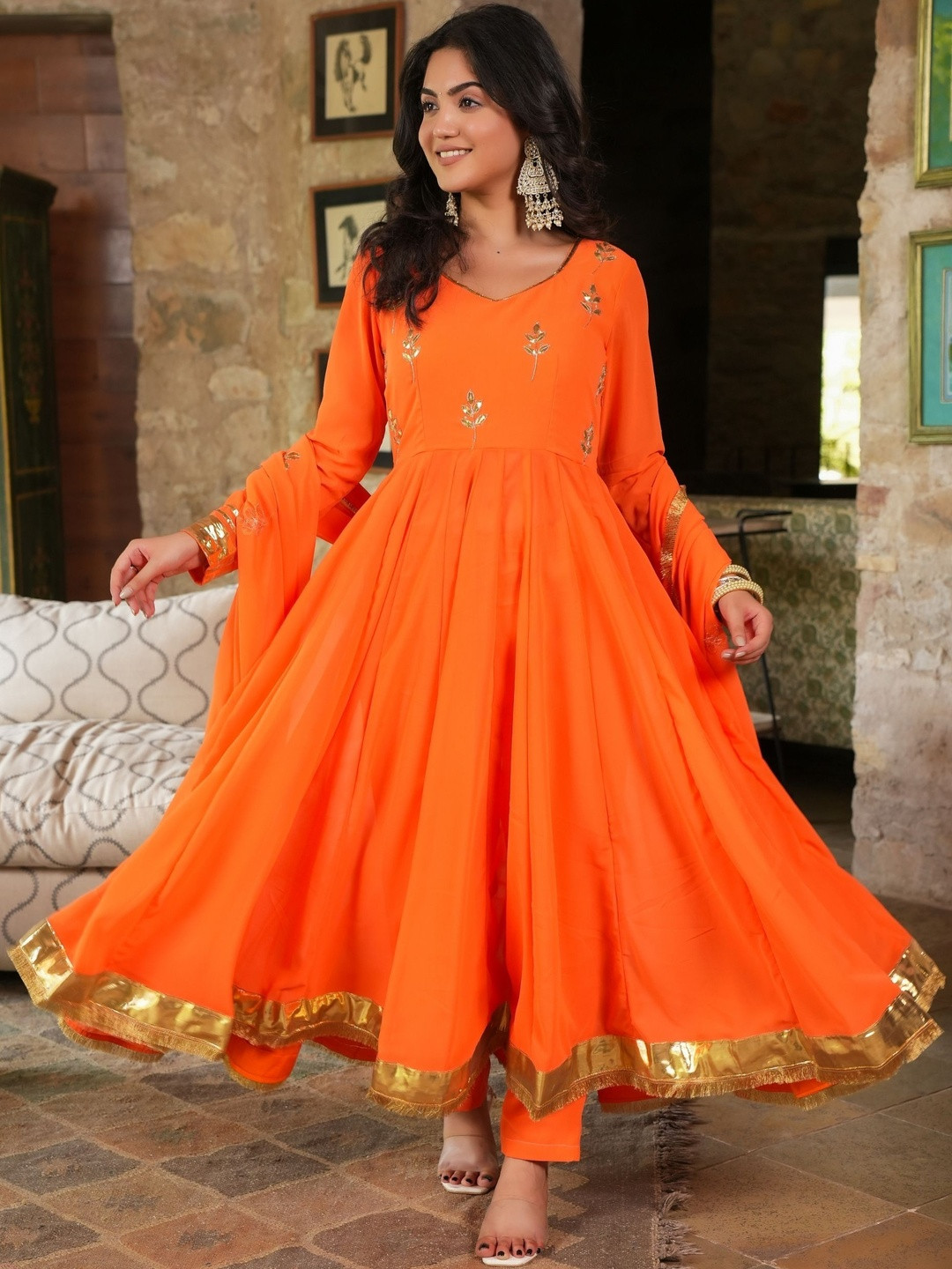 ASHEERA Women Ethnic Motifs Embroidered Gota Hand Work Anarkali Kurta Set With Dupatta