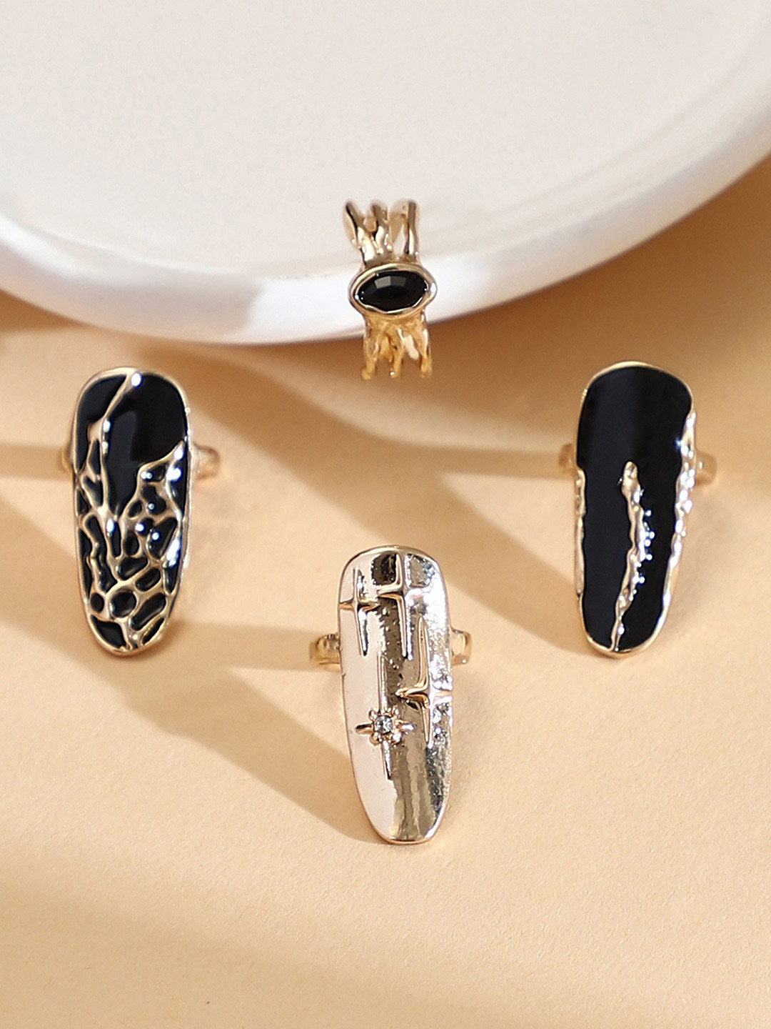 SOHI Set Of 4 Gold-Plated Stone Studded Enamel-Goliath Nail Finger Rings