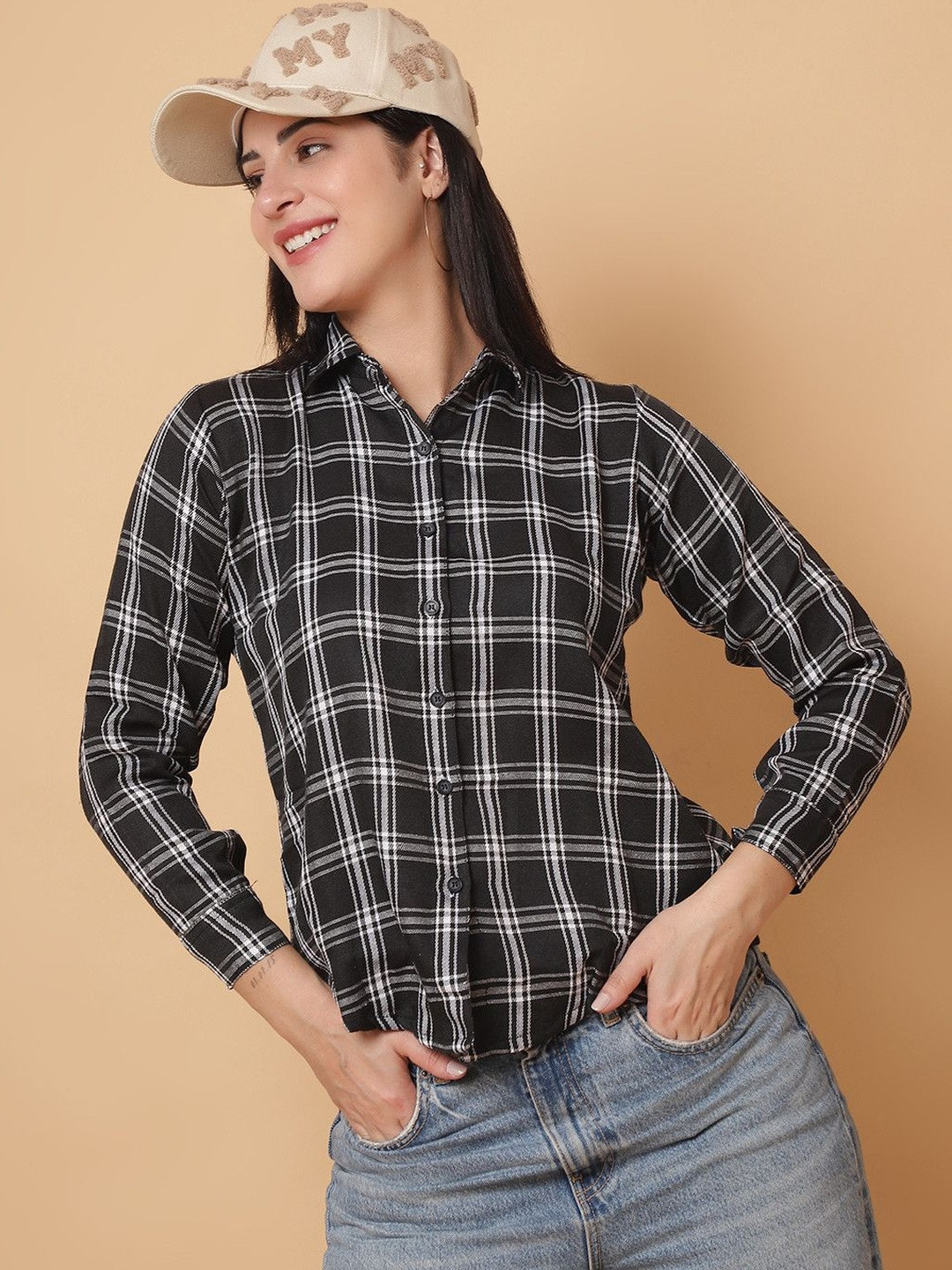 VALUE CREATION Women Black Regular Fit Checked Spread Collar Casual Shirt