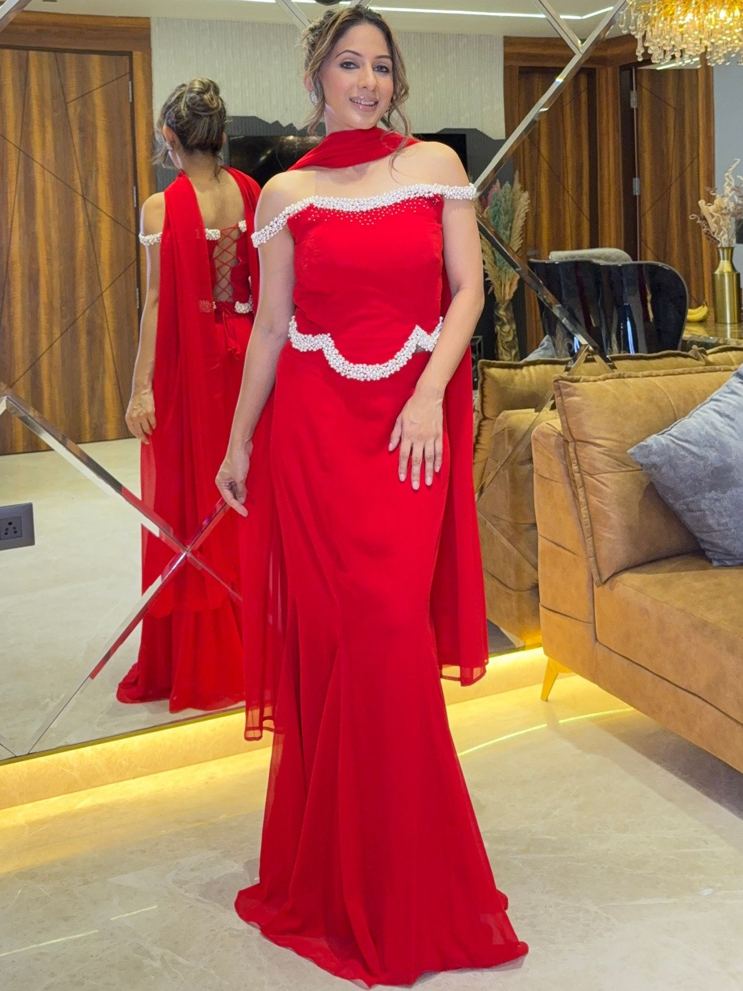 Glamique by Gungun Beads And Stones Silk Georgette Top With Skirt