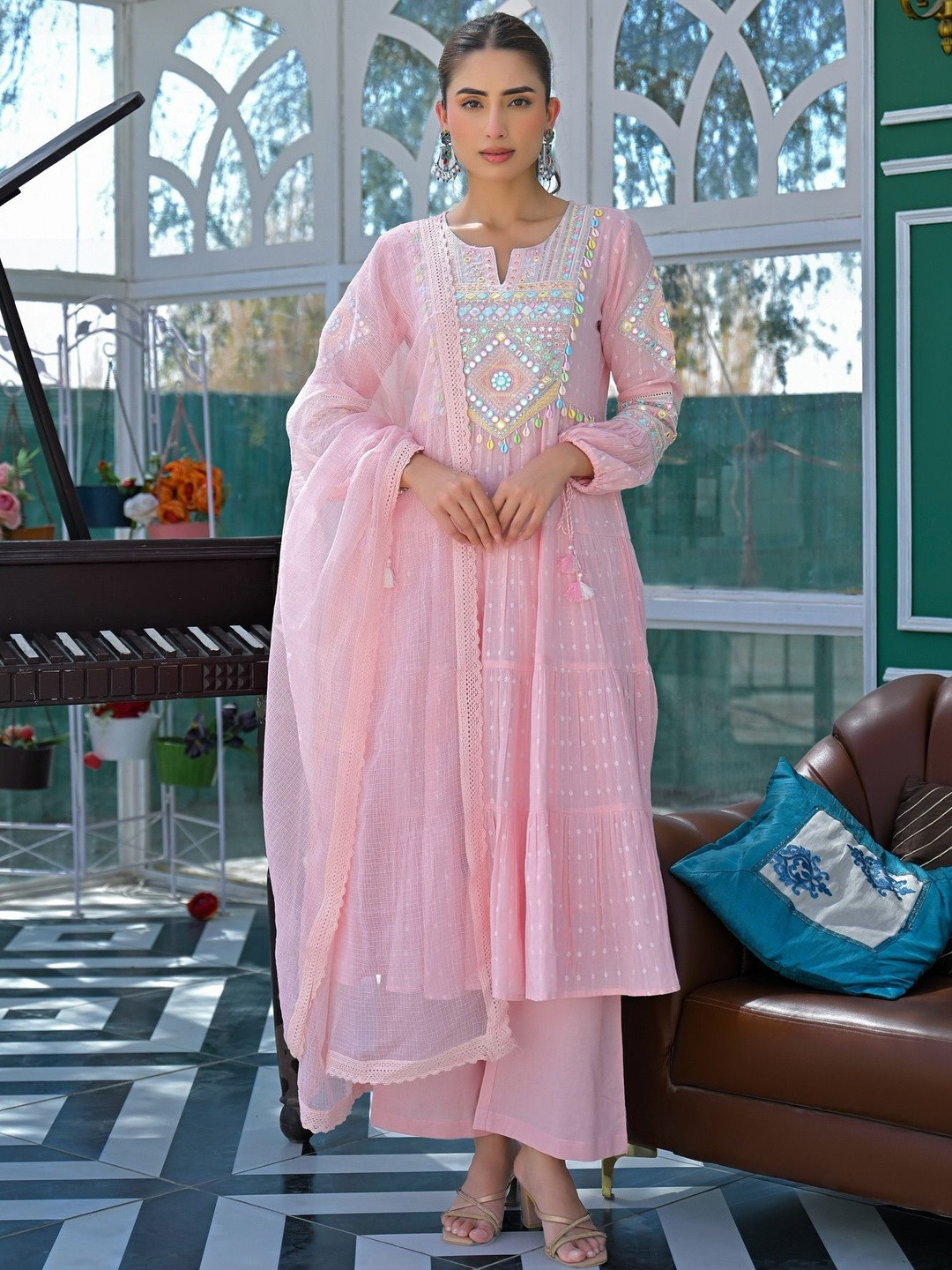 Morang Embroidered Regular Mirror Work Anarkali Kurta With Trousers & Dupatta