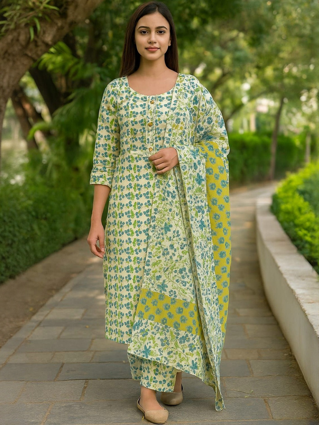 Agarwal Saree Floral Printed Cotton Silk Kurta With Trousers &  Dupatta