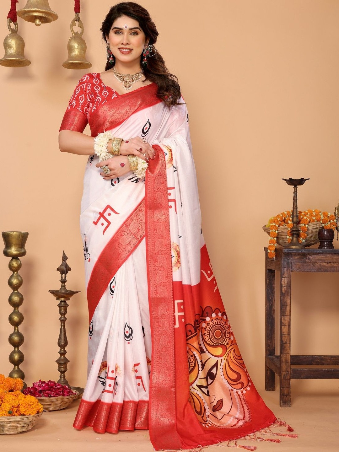 MAHARANI COUTURE Ethnic Motifs Printed Woven Design Durga Puja Theme Saree