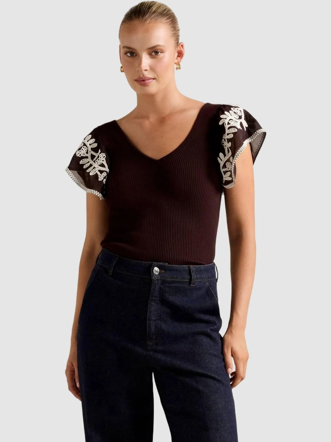 Forever New Women Ribbed Embroidered Elodie Frill Sleeve Knit Tank Top