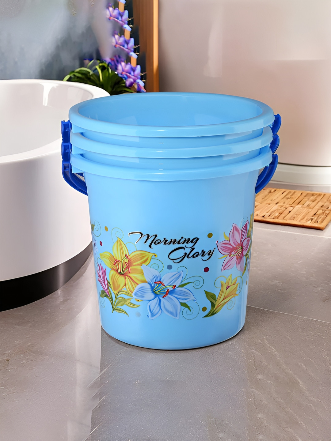 Aura Blue & Green 3 Pieces Floral Printed Water Buckets