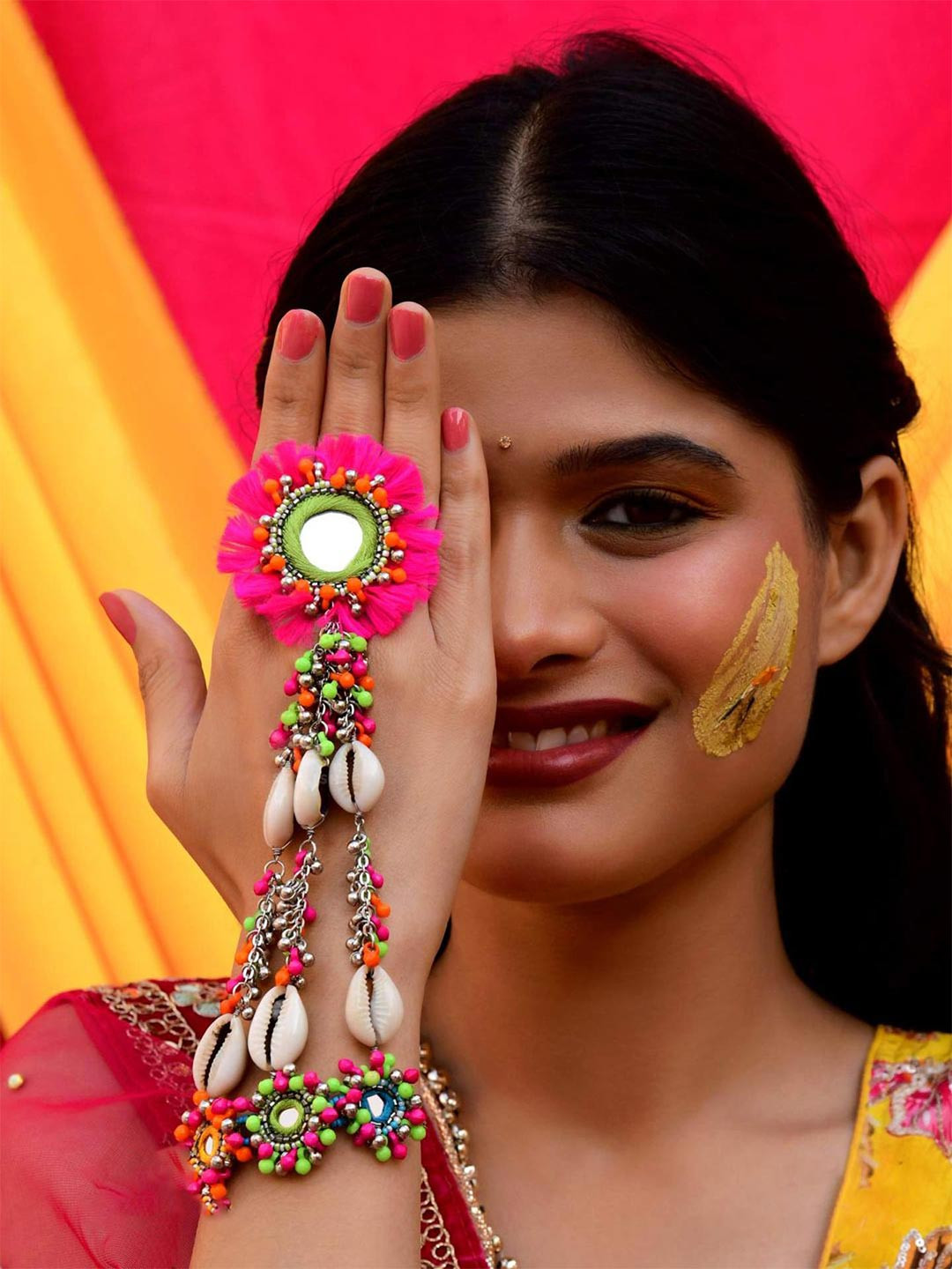 EVERSTYLISH SANJOYA RANGOLI Shells Hand Bracelet Ring Beads Mirror Ethnic Haldi Rings