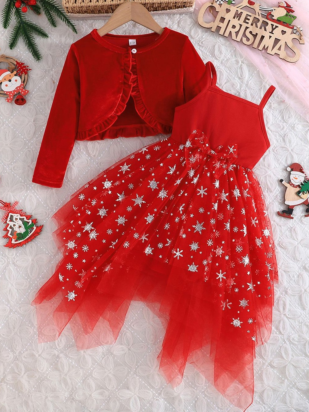 YK Girls Red Snowflake Foil Print Tulle Overlay Dress with Velvet Shrug