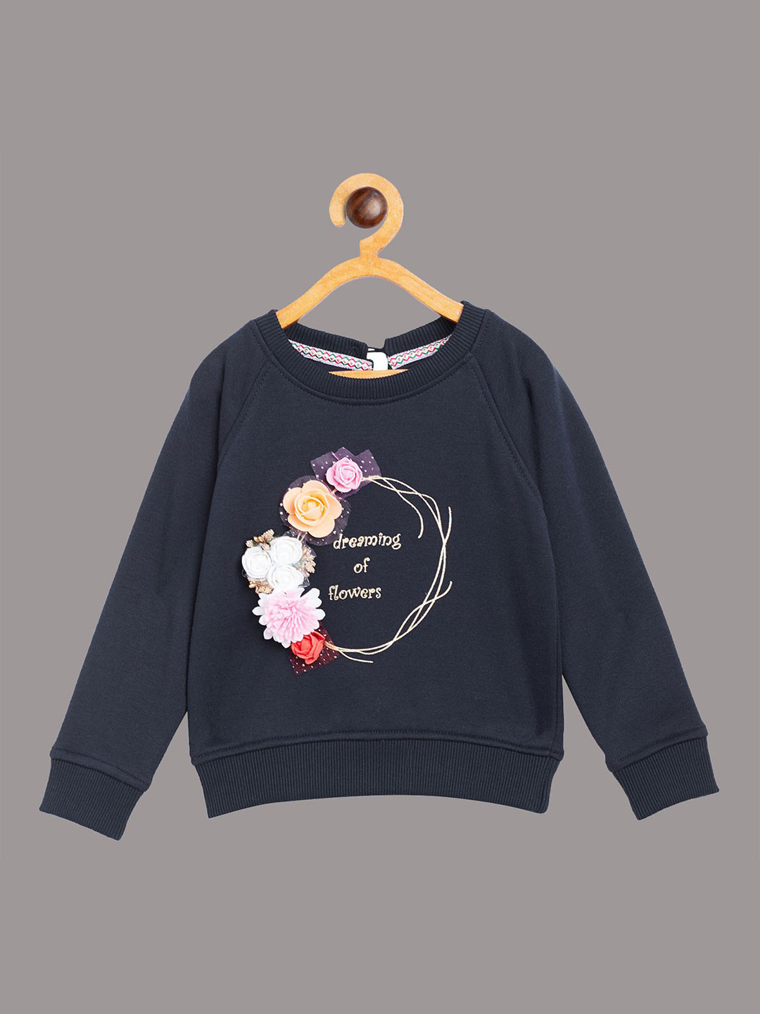 Yellow Apple Girls Printed Pullover Sweater with  Inner Fur & Applique Detail