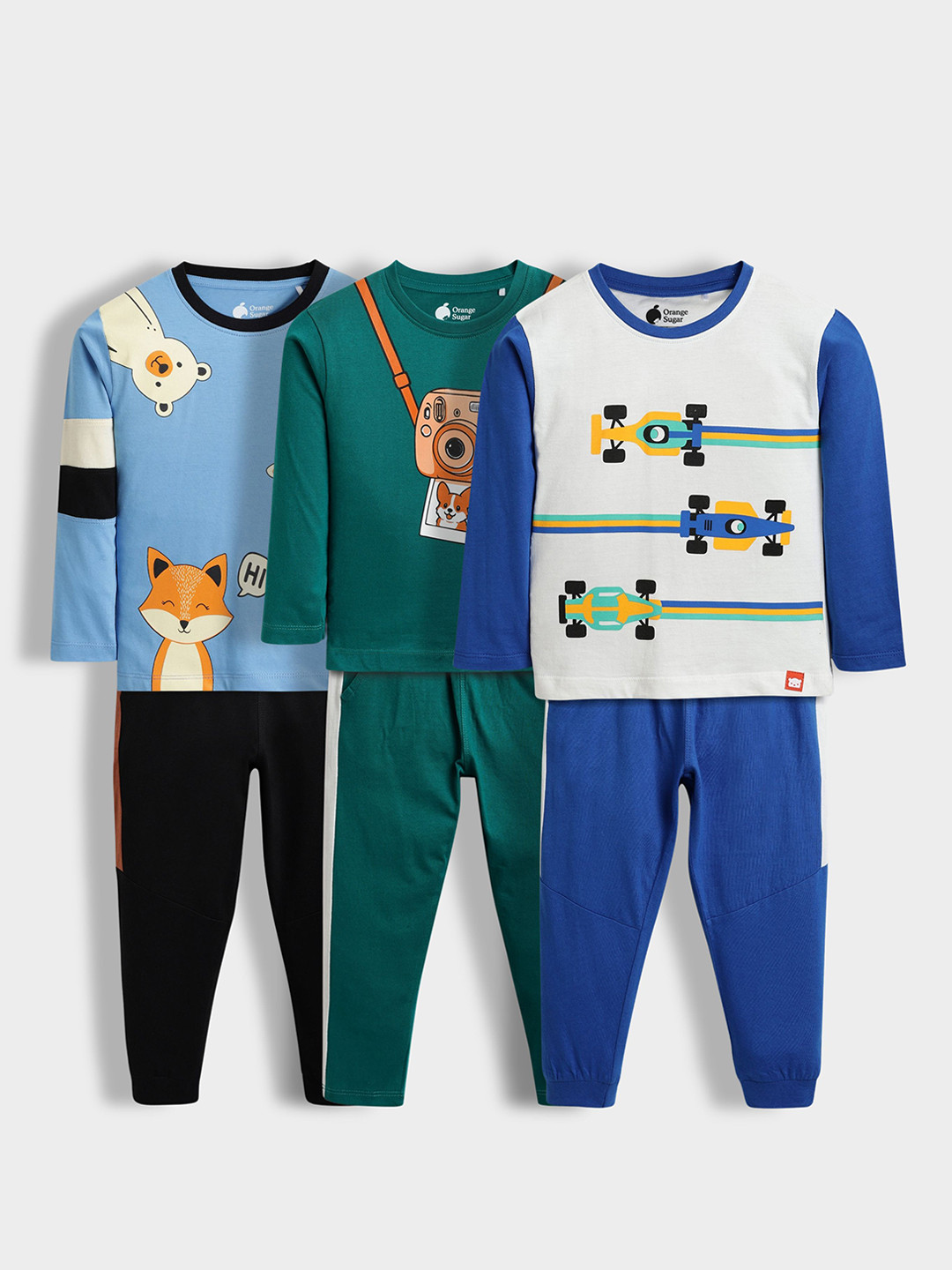 Orange Sugar Pack of 3 Kids Graphic Printed Full Sleeve T-Shirt & Pant Set