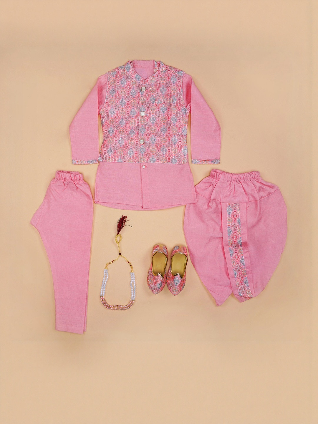 BAESD Boys Ethnic Motifs Kurta Dhoti Pyjama Waistcoat Mojari & Mala 6 in 1 Set