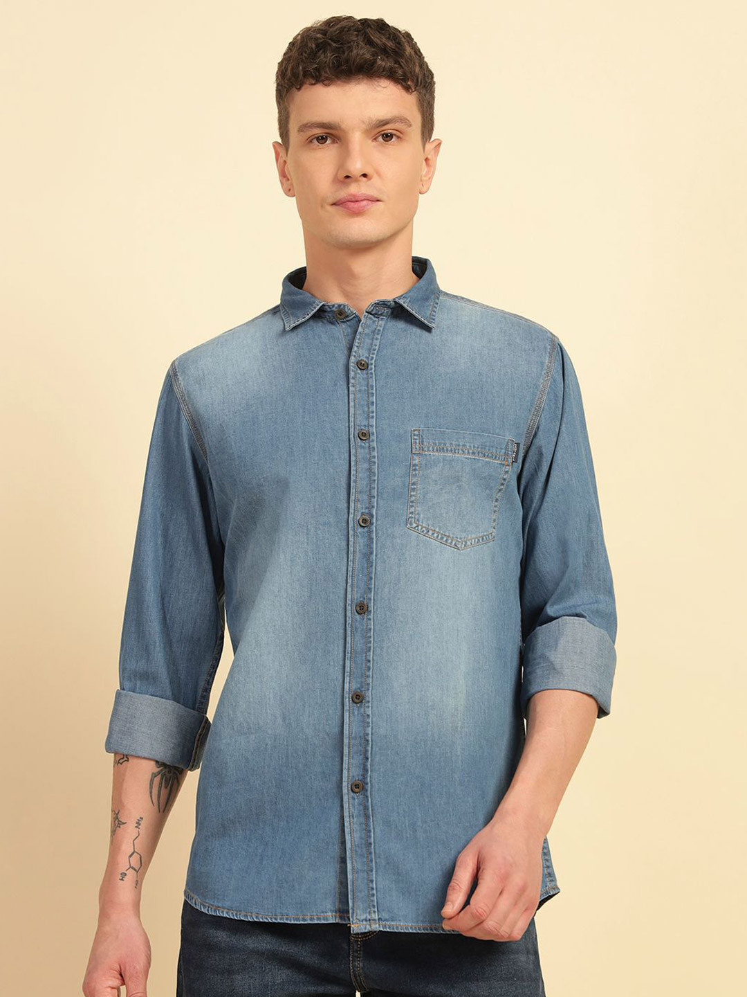 Cantabil Comfort Faded Faded Spread Collar Long Sleeves Cotton Shirt
