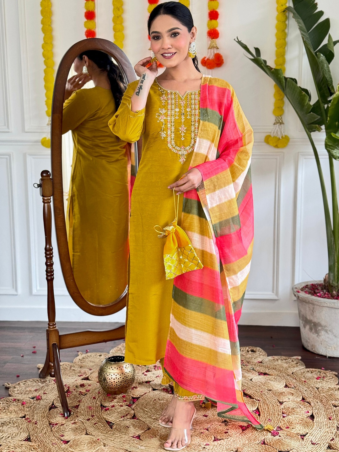 AG TEXTILE Floral Yoke Design Chanderi Silk Straight Kurta With Trousers & Dupatta