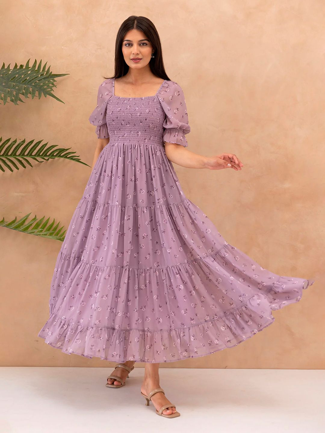 OTABU Floral Print Puff Sleeve Fit and Flare Smocked Maxi Dress