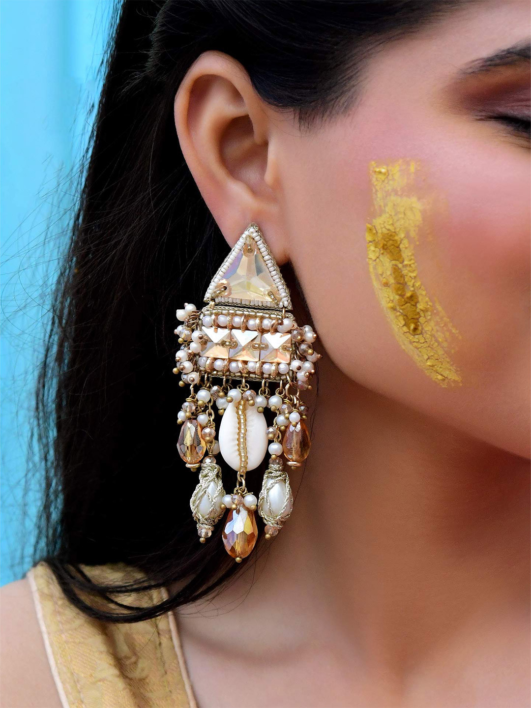 EVERSTYLISH SANJOYA APSARA Traditional Ivory Shell Earrings Glass Golden Haldi Accessory