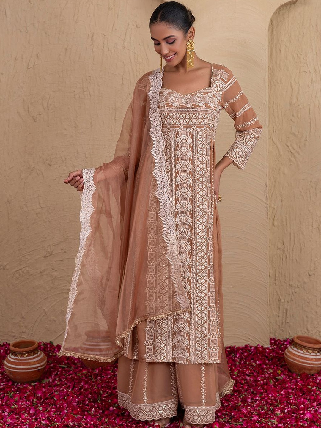 SEW Women Embroidered High Slit Sequinned Kurta With Sharara & Dupatta Kurta Sets