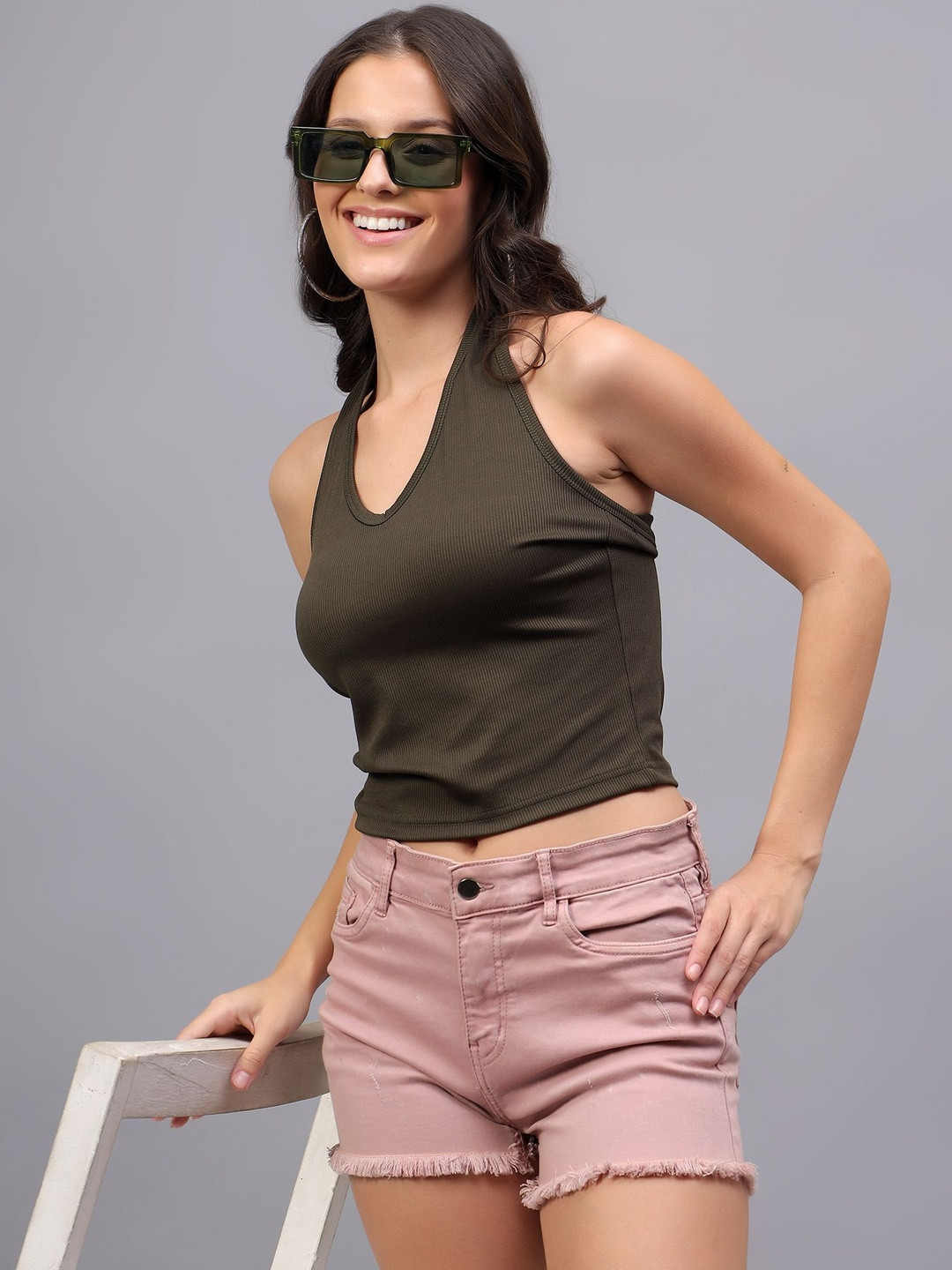 DIAZ Women Solid Ribbed Halter Neck Sleeveless Cotton Crop Fitted Top