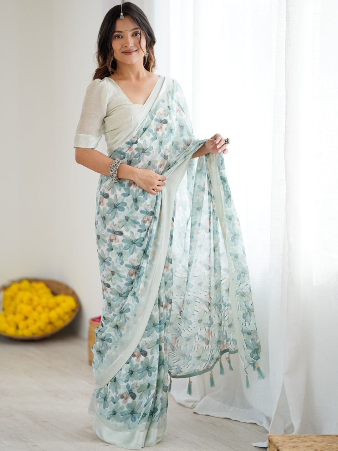 LeeliPeeri Designer Floral Printed Satin Patta Border Saree