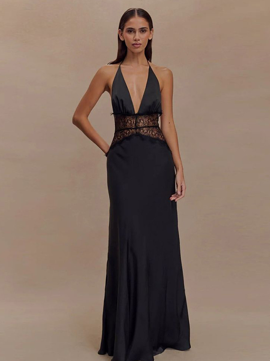LULU & SKY Women Black Lace Splicing Halter Maxi Dress